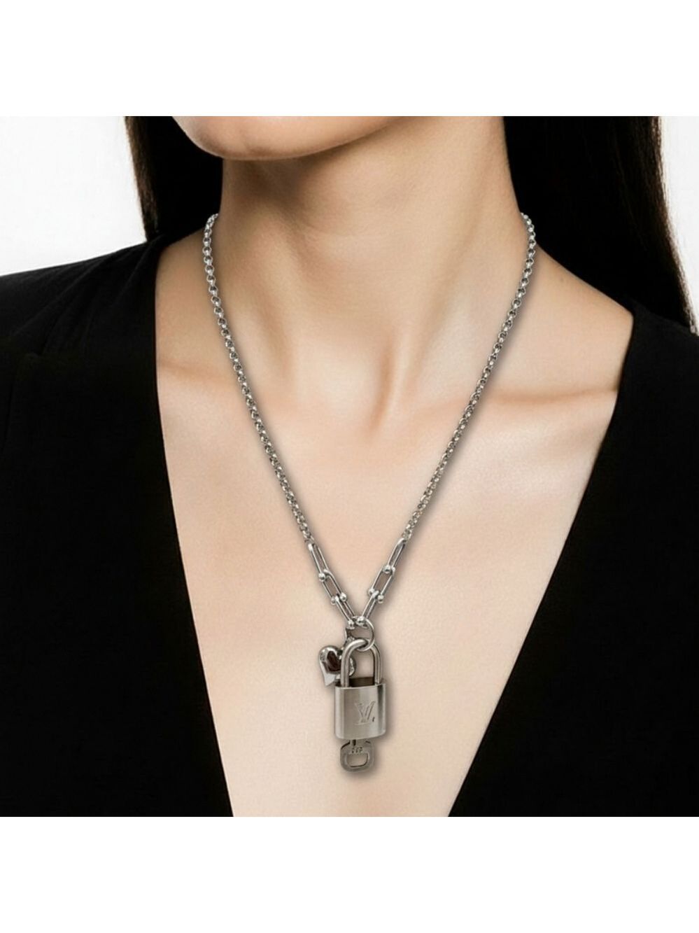 Authentic Louis Vuitton Padlock w/Unbranded Stainless Steel Plated Silver Chain